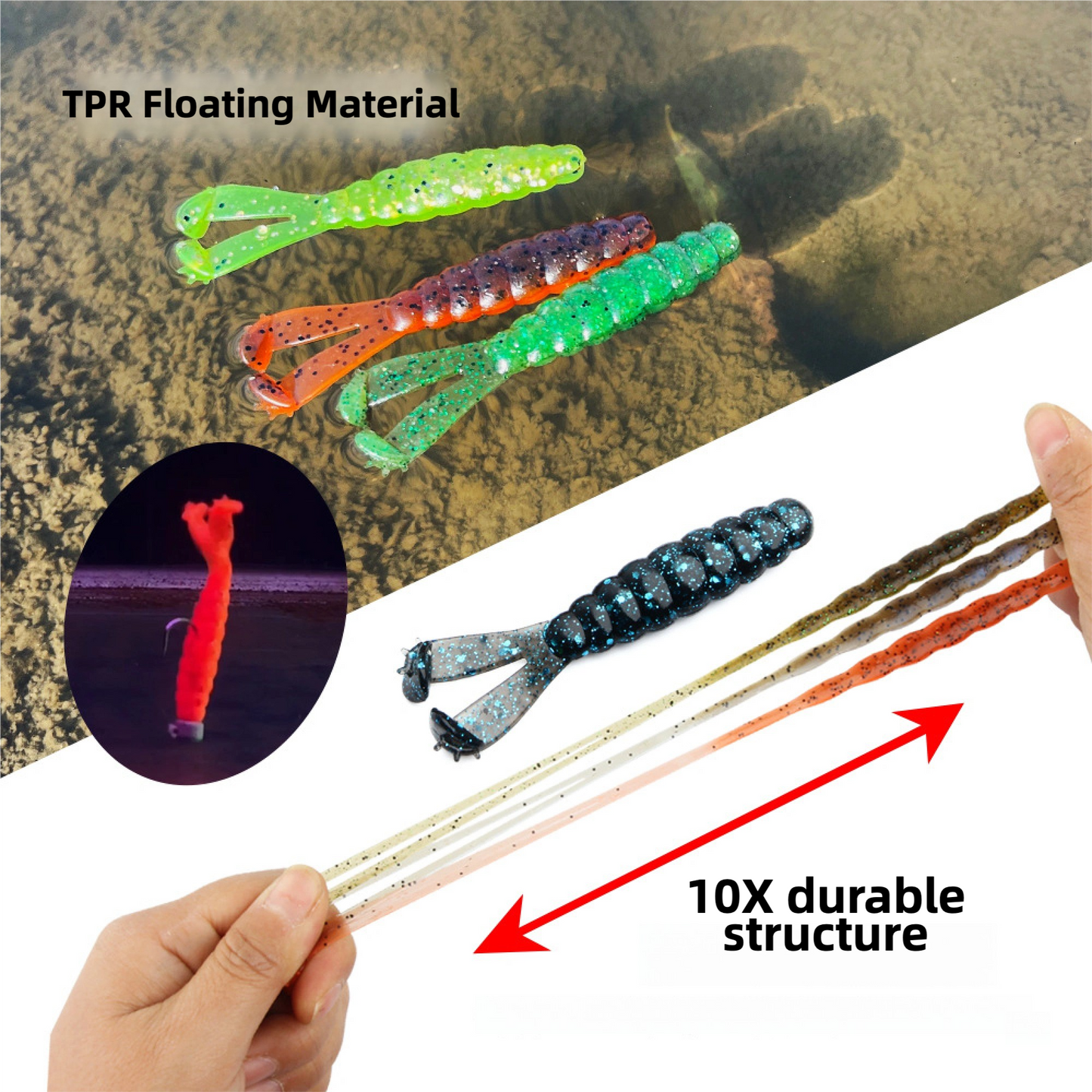 Dual-Tail Worm Soft Bait, Floating Durable TPR Material, 2.8-inch, #SB502901A