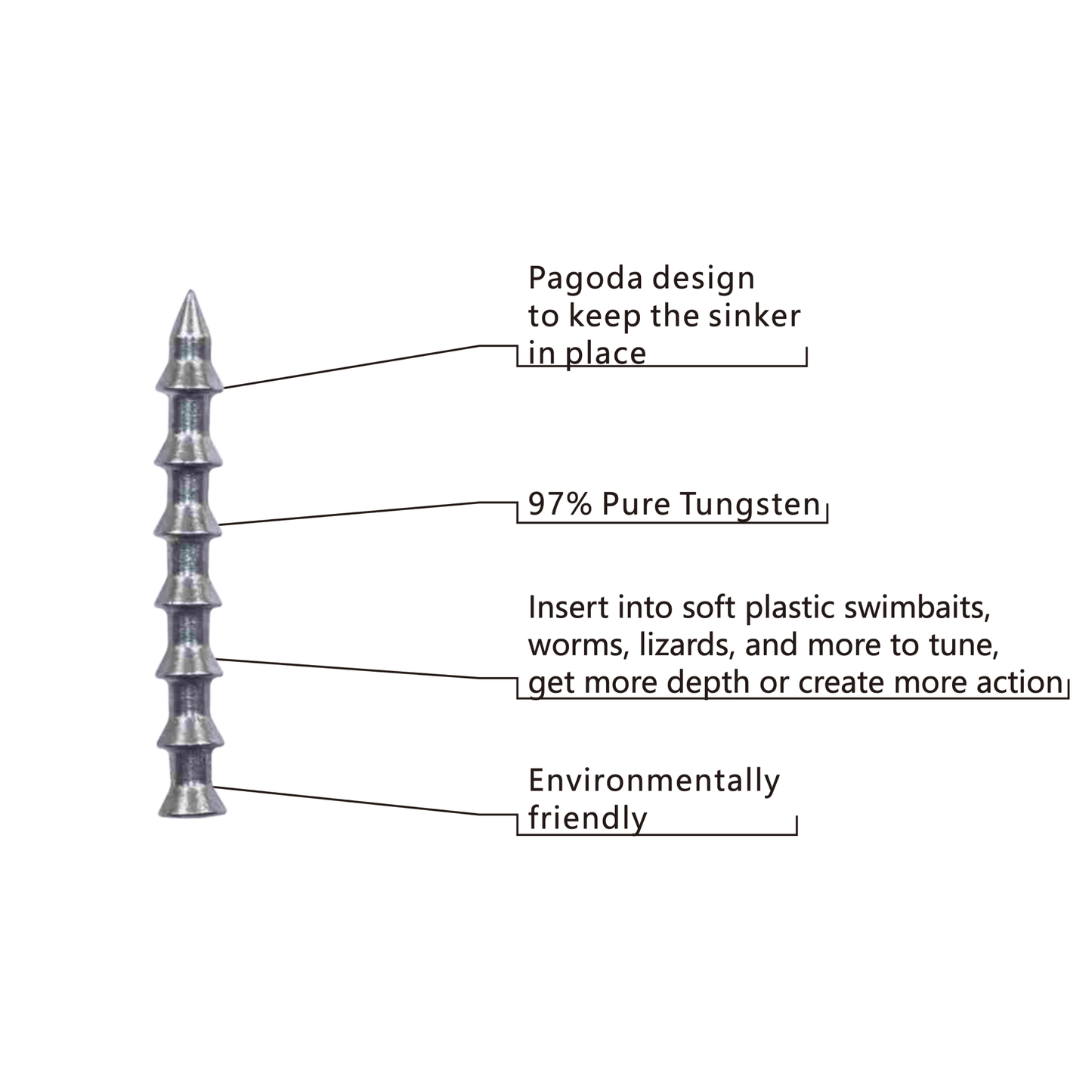 TUNGSTEN PAGODA NAIL SINKER, 1/96 oz~7/64 oz, #TW50226A