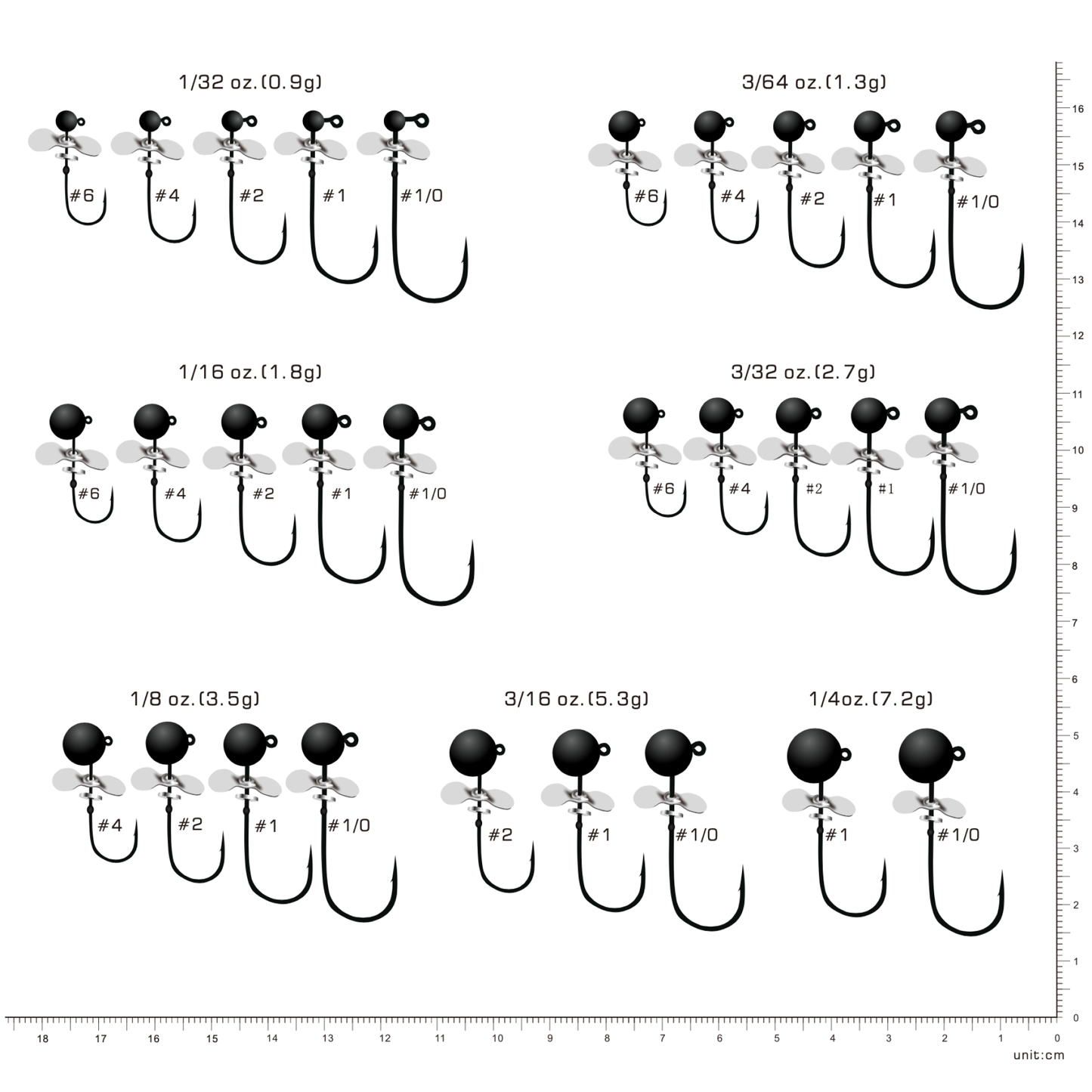TUNGSTEN PROPELLER JIG HEAD, 1/32 oz~1/4 oz, Black Nickel Hooks, #JH50227A