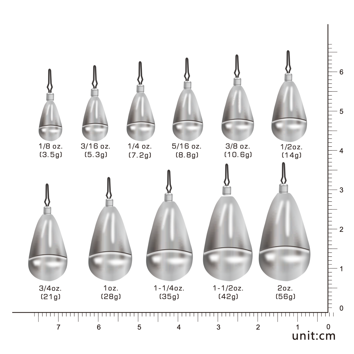 TUNGSTEN TEAR DROP WEIGHT, 1/8 oz~ 1 oz, Multiple Colors, #TW50224A