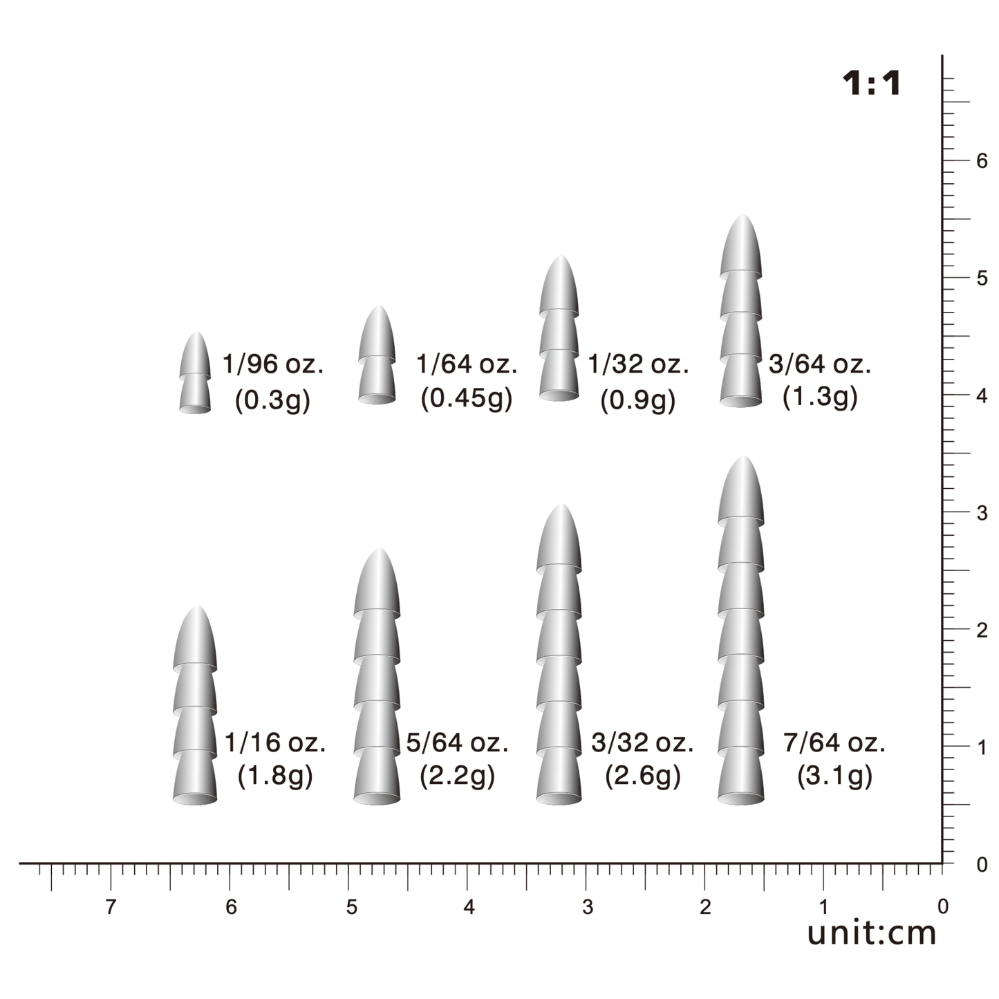 TUNGSTEN PAGODA NAIL SINKER, 1/96 oz~7/64 oz, #TW50226A